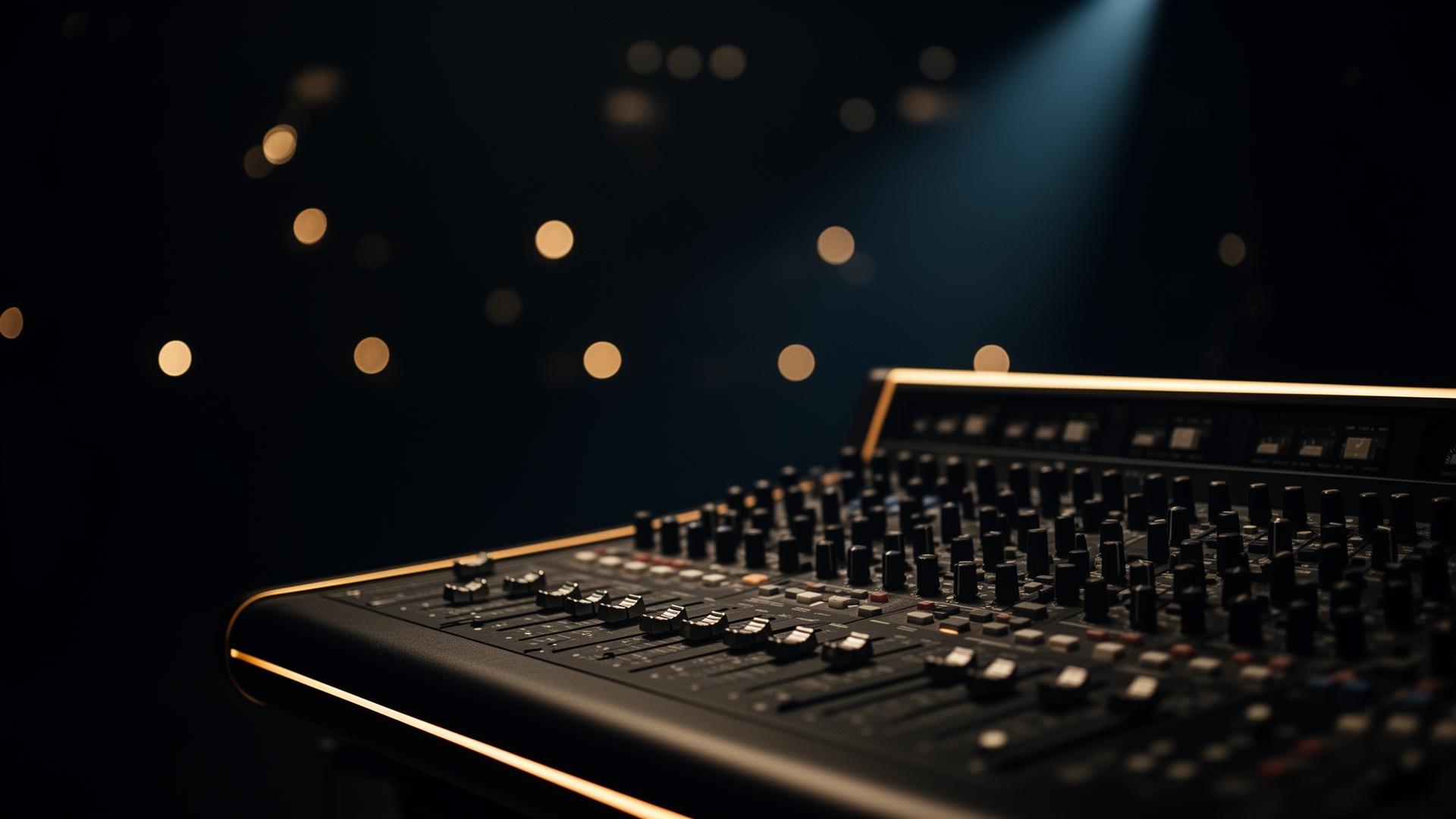 Houston AV production company broadcast audio mixing console under stage lighting