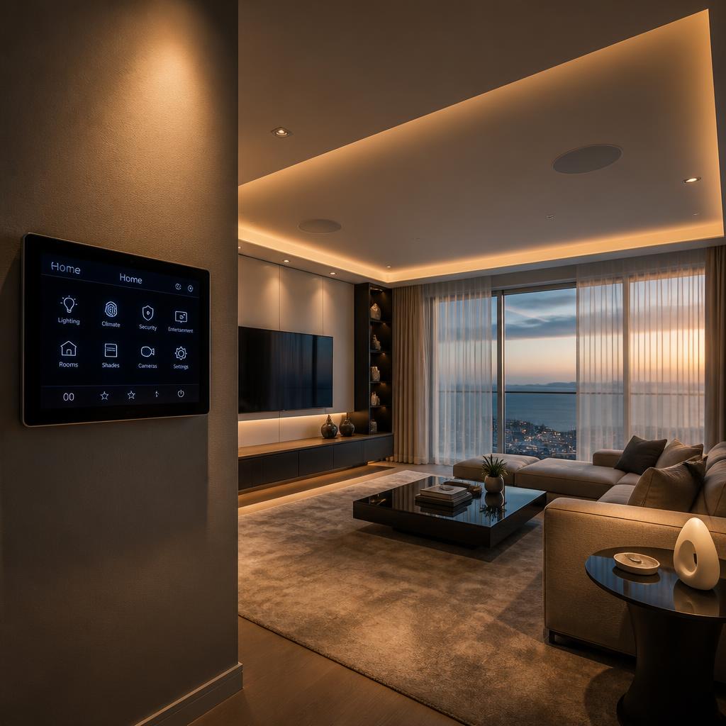 Luxury smart home living room with integrated lighting, shades, climate, and a wall-mounted control panel