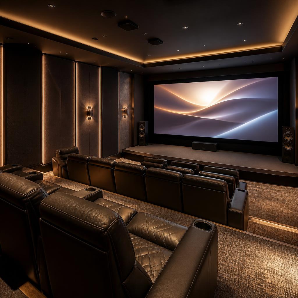 Dedicated luxury home theater with tiered seating, acoustic treatment, and a large projection screen